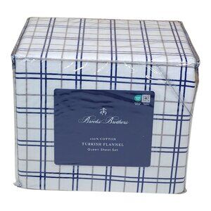 Brooks Brothers Queen Turkish Flannel Sheet Set 100% Cotton Blue White Plaid